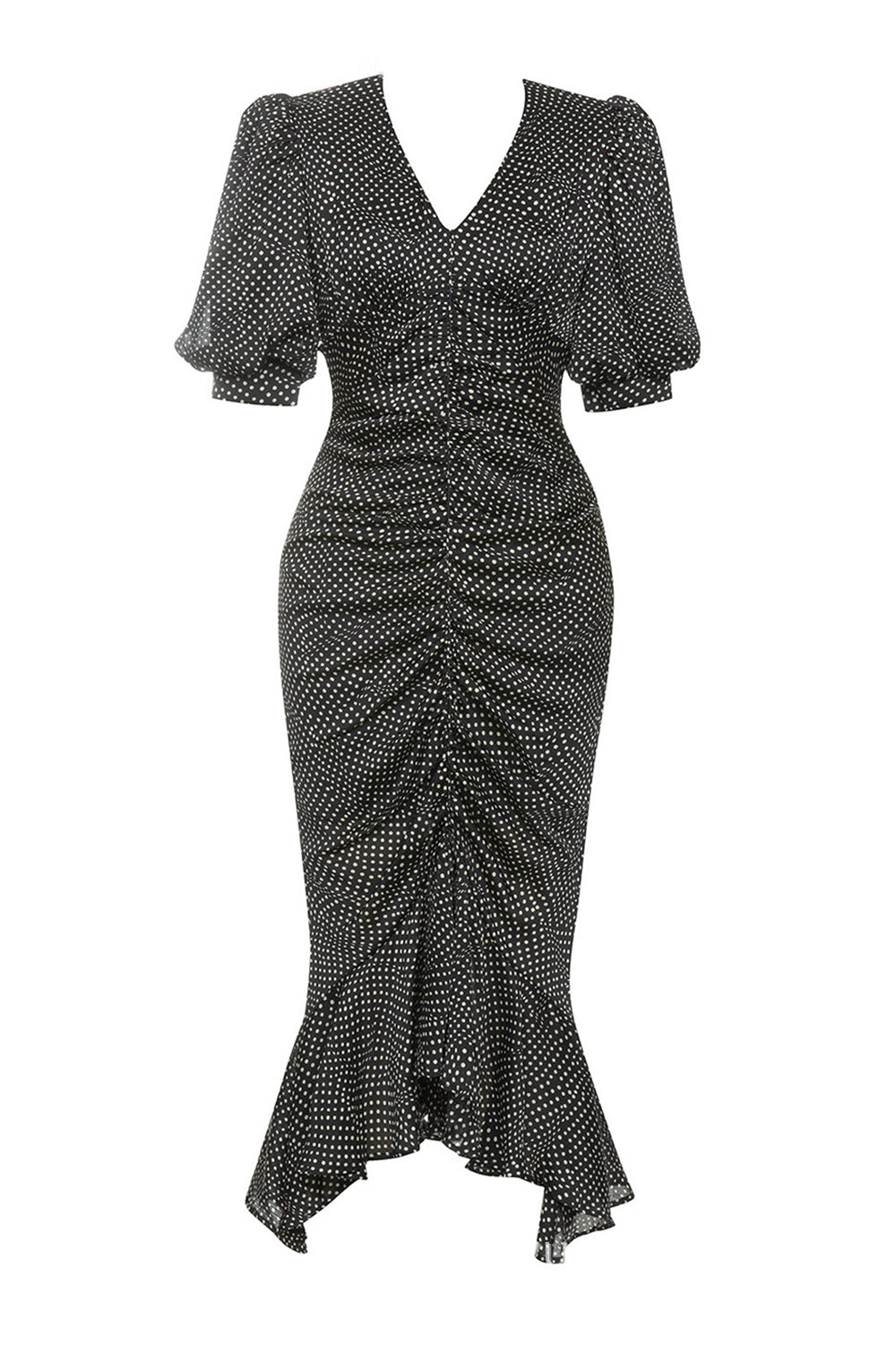 Black Bodycon V Neck Polka Dot Ruched Ball Dress with Puff Sleeves