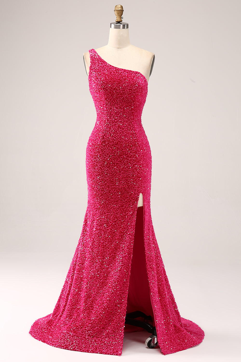 Sparkly Fuchsia Mermaid One Shoulder Long Sequin Ball Dress with Slit