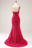 Sparkly Fuchsia Mermaid One Shoulder Long Sequin Ball Dress with Slit