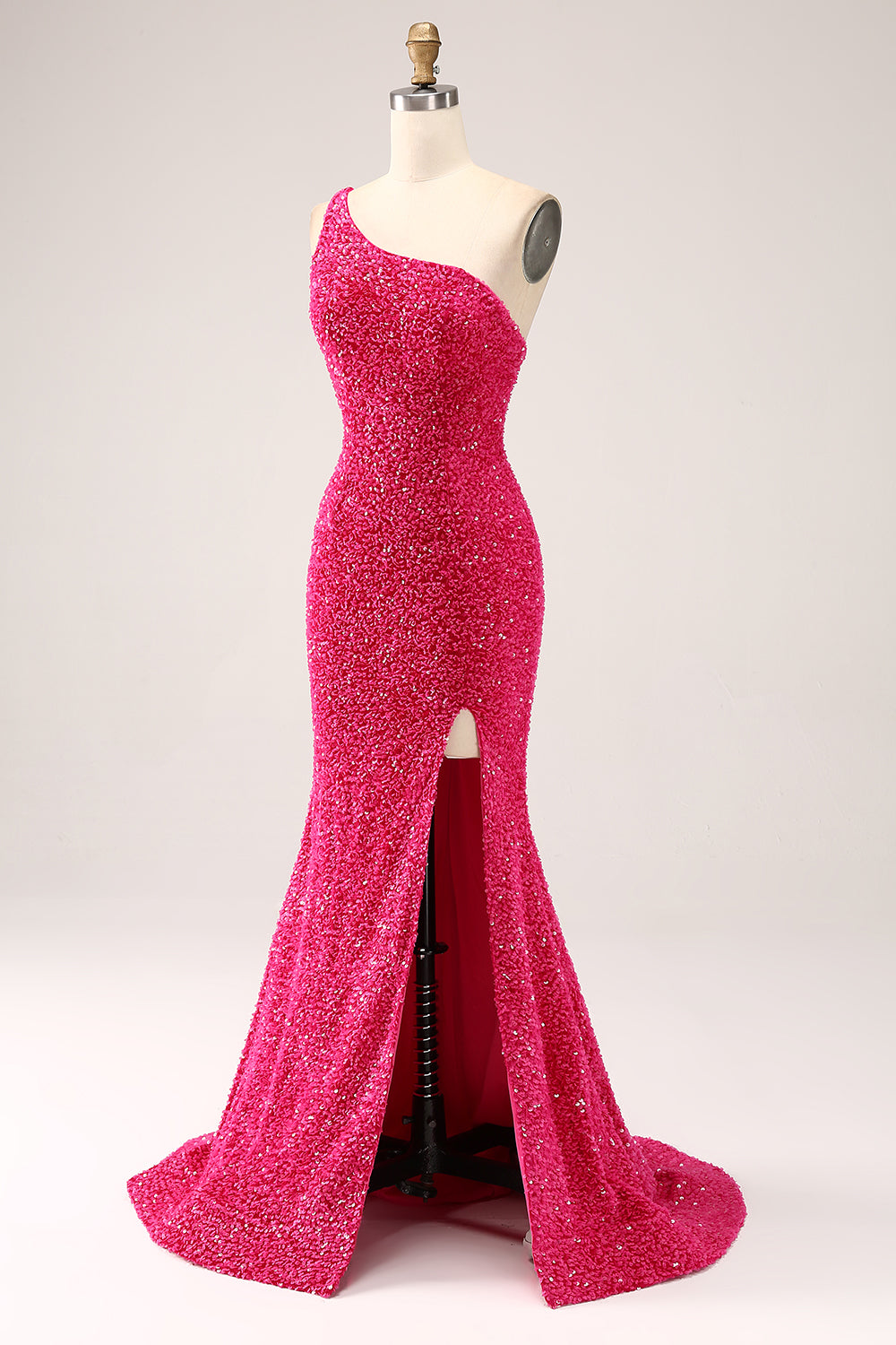 Sparkly Fuchsia Mermaid One Shoulder Long Sequin Ball Dress with Slit