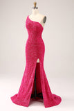 Sparkly Fuchsia Mermaid One Shoulder Long Sequin Ball Dress with Slit