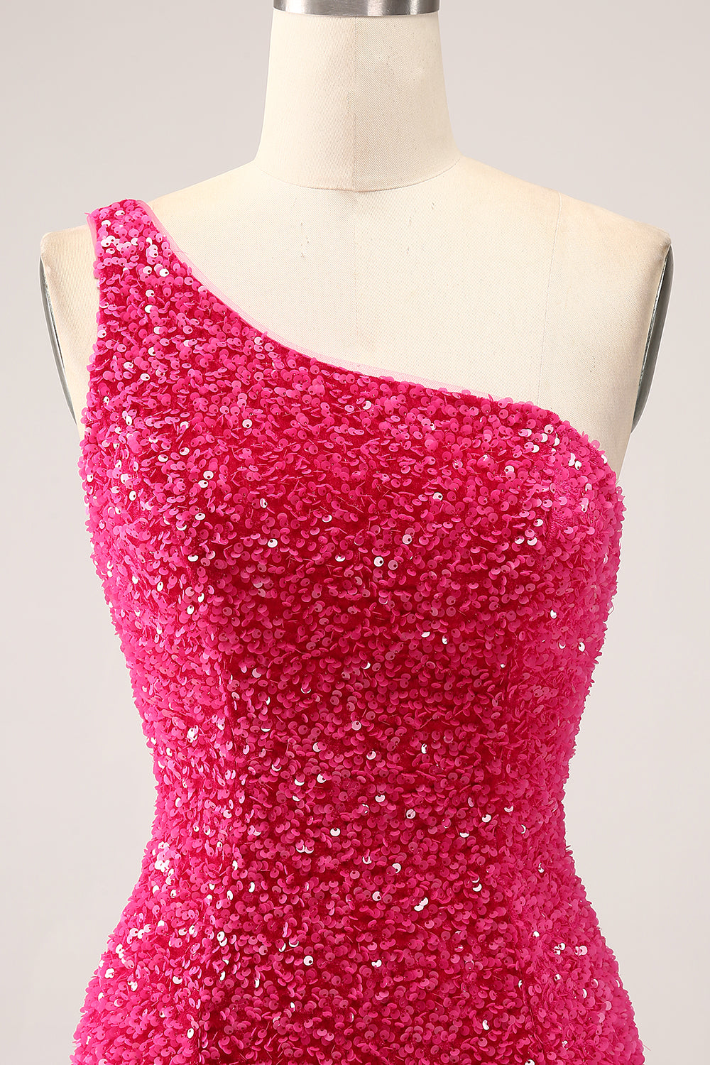 Sparkly Fuchsia Mermaid One Shoulder Long Sequin Ball Dress with Slit