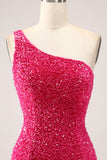 Sparkly Fuchsia Mermaid One Shoulder Long Sequin Ball Dress with Slit