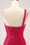 Sparkly Fuchsia Mermaid One Shoulder Long Sequin Ball Dress with Slit