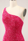 Sparkly Fuchsia Mermaid One Shoulder Long Sequin Ball Dress with Slit