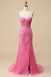 Pink Mermaid Sweetheart Corset Lace Long Prom Dress