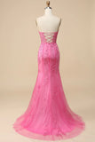 Pink Mermaid  Sweetheart Corset Lace Long Prom Dress