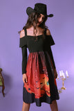 A Line Halloween Pumpkin Printed Black Orange Cold Shoulder Vintage Dress