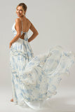 Green Tulle A Line Spaghetti Straps Long Bridesmaid Dress with Ruffles