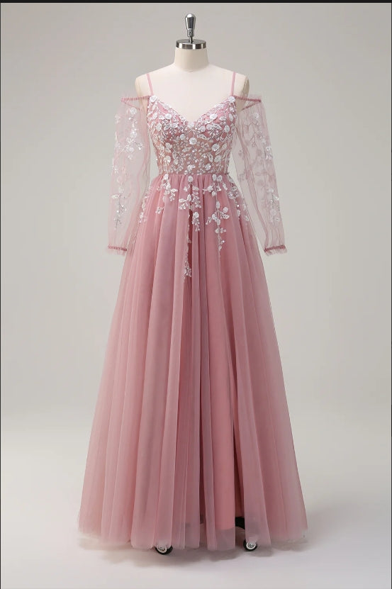 Blush A-Line Cold Shoulder Corset Appliqued Long Prom Dress with Slit