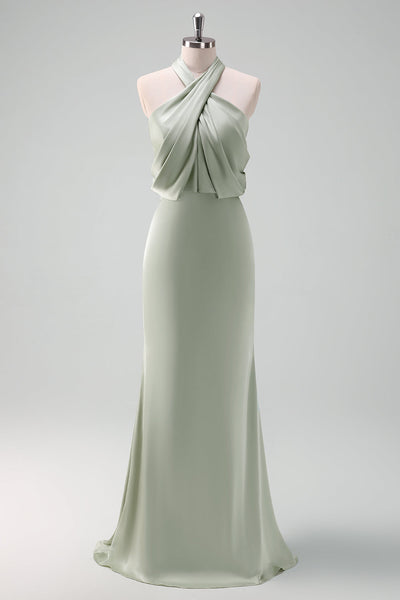 Zapaka Women Dusty Sage Bridesmaid Dress Halter Neck Satin Sheath Long  Wedding Guest Dress – ZAPAKA NZ