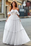 White Off the Shoulder Corset Polka Dots Long Ball Dress