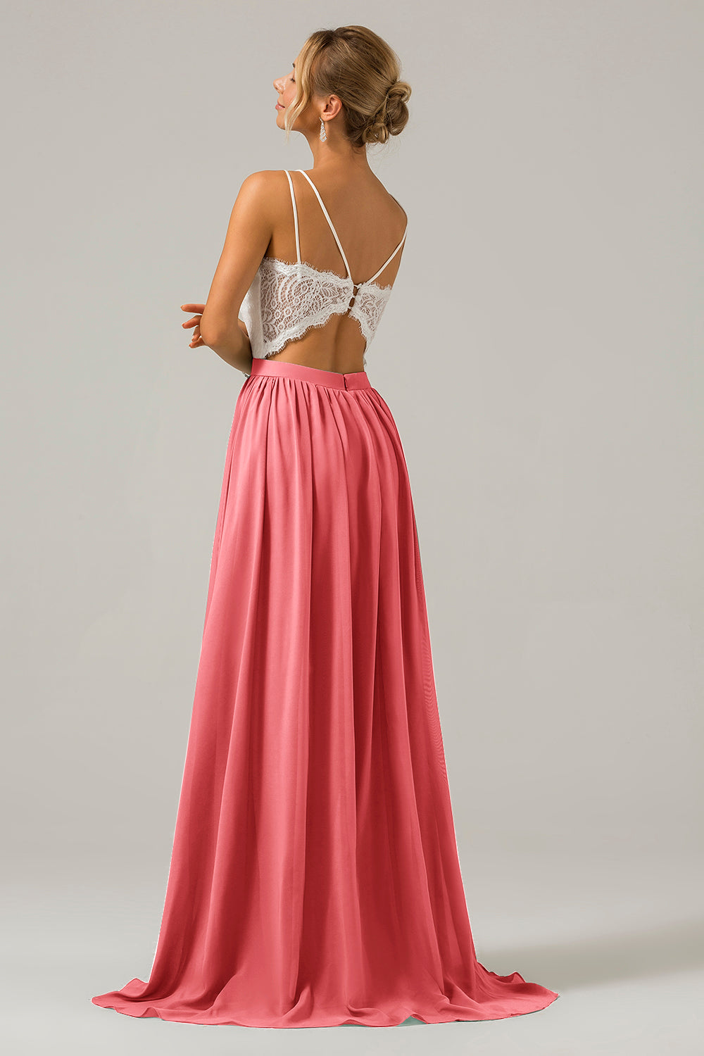 White Open Back Boho Chiffon Long Bridesmaid Dress with Lace
