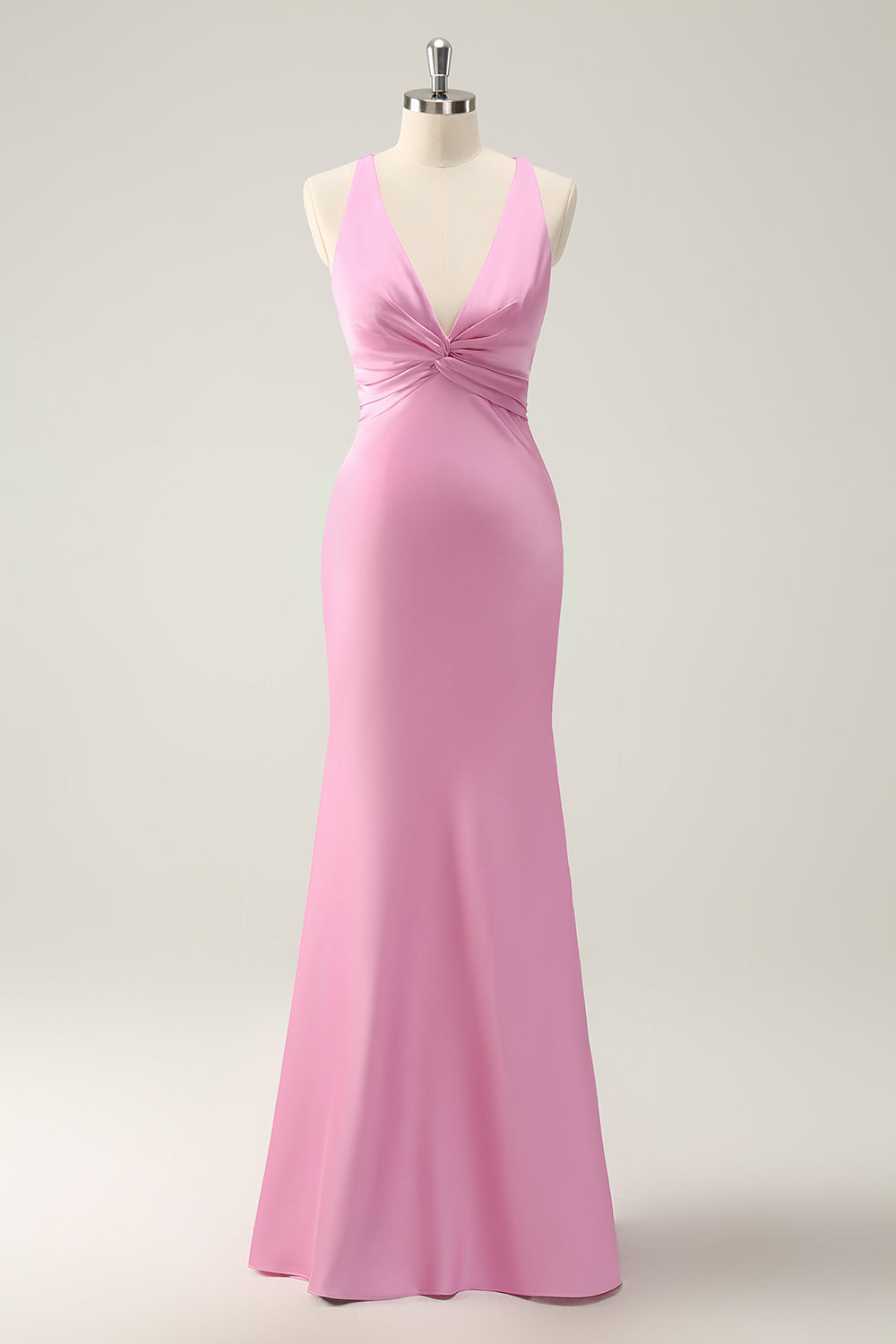 Pink Sheath V Neck Satin Long Bridesmaid Dress