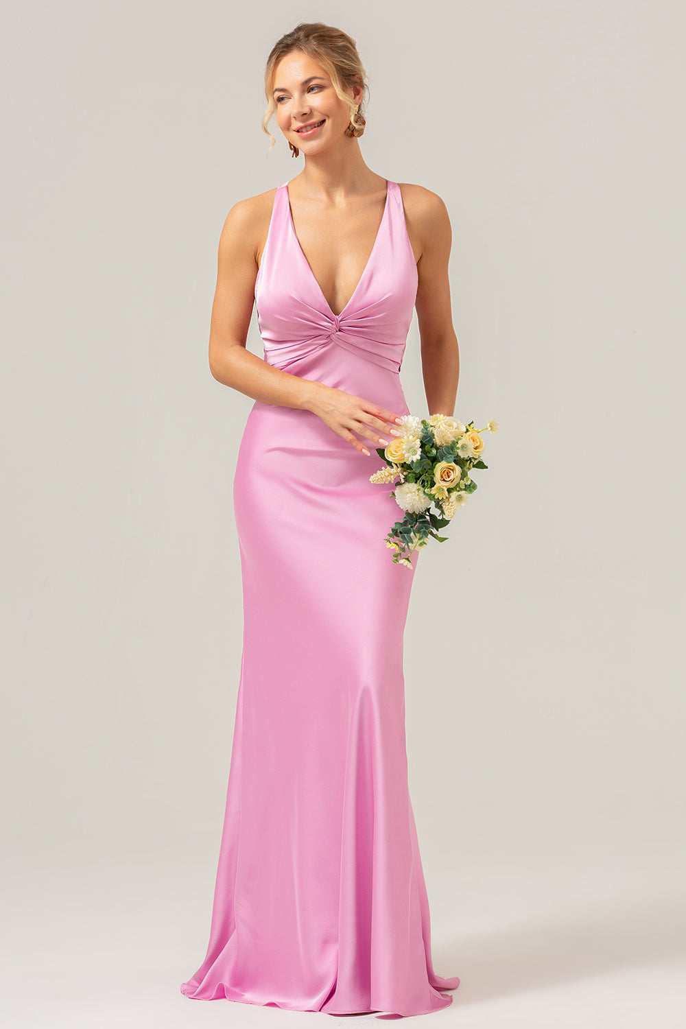 Pink Sheath V Neck Ruched Satin Long Bridesmaid Dress with Lace Up Back