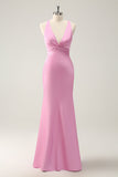 Pink Sheath V Neck Satin Long Bridesmaid Dress