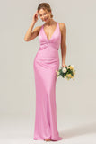 Pink Sheath V Neck Ruched Satin Long Bridesmaid Dress with Lace Up Back