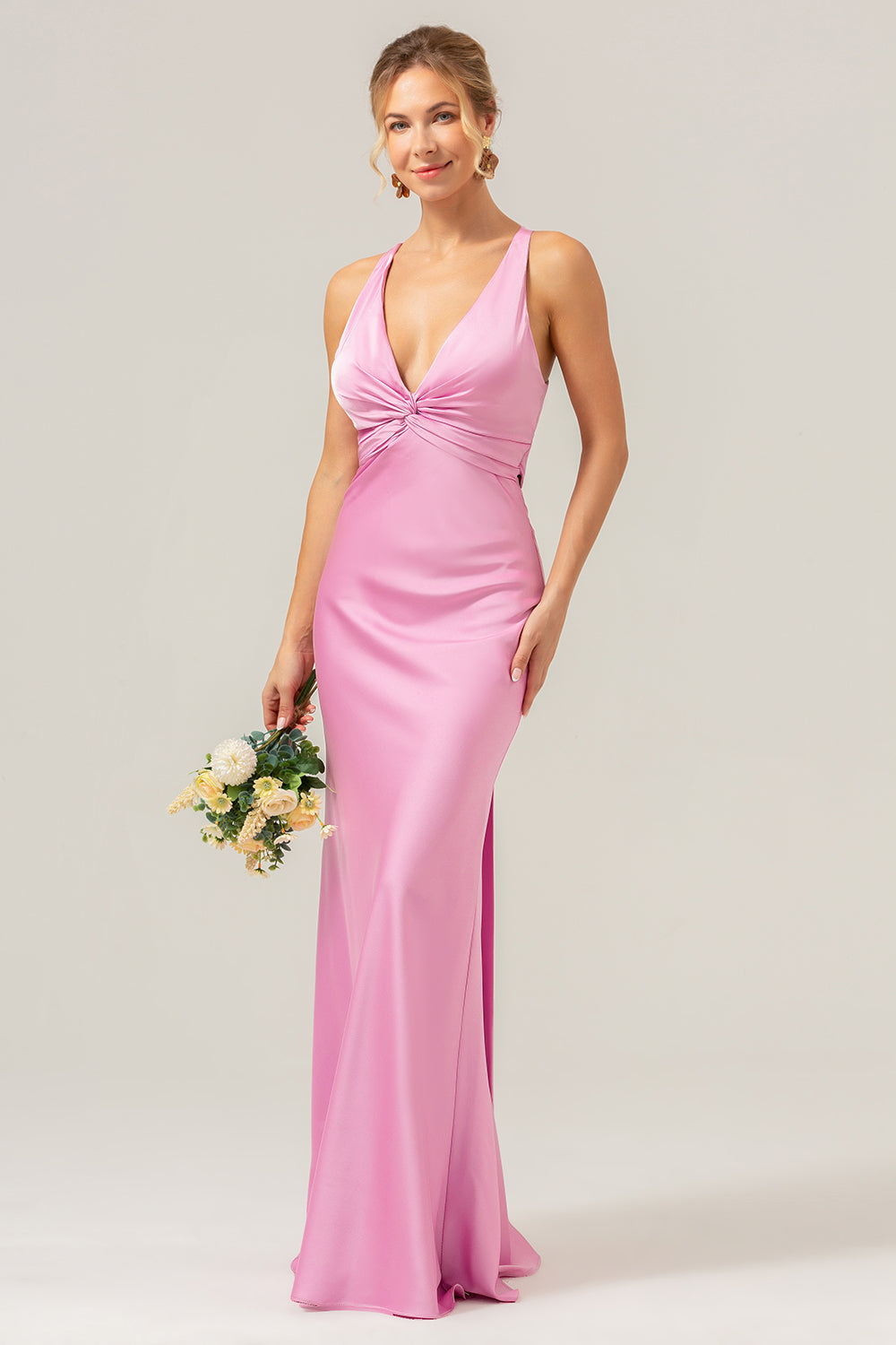 Pink Sheath V Neck Ruched Satin Long Bridesmaid Dress with Lace Up Back