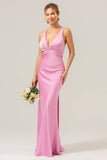 Pink Sheath V Neck Ruched Satin Long Bridesmaid Dress with Lace Up Back
