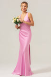 Pink Sheath V Neck Ruched Satin Long Bridesmaid Dress with Lace Up Back