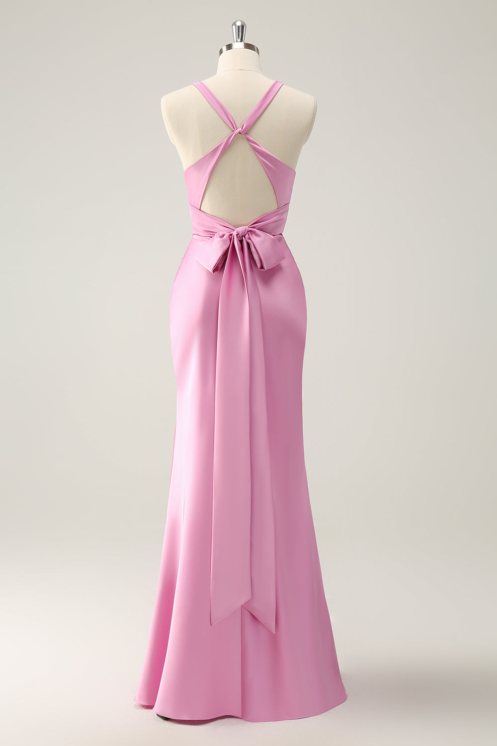 Pink Sheath V Neck Satin Long Bridesmaid Dress