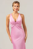 Pink Sheath V Neck Ruched Satin Long Bridesmaid Dress with Lace Up Back