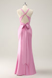 Pink Sheath V Neck Satin Long Bridesmaid Dress