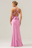 Pink Sheath V Neck Ruched Satin Long Bridesmaid Dress with Lace Up Back