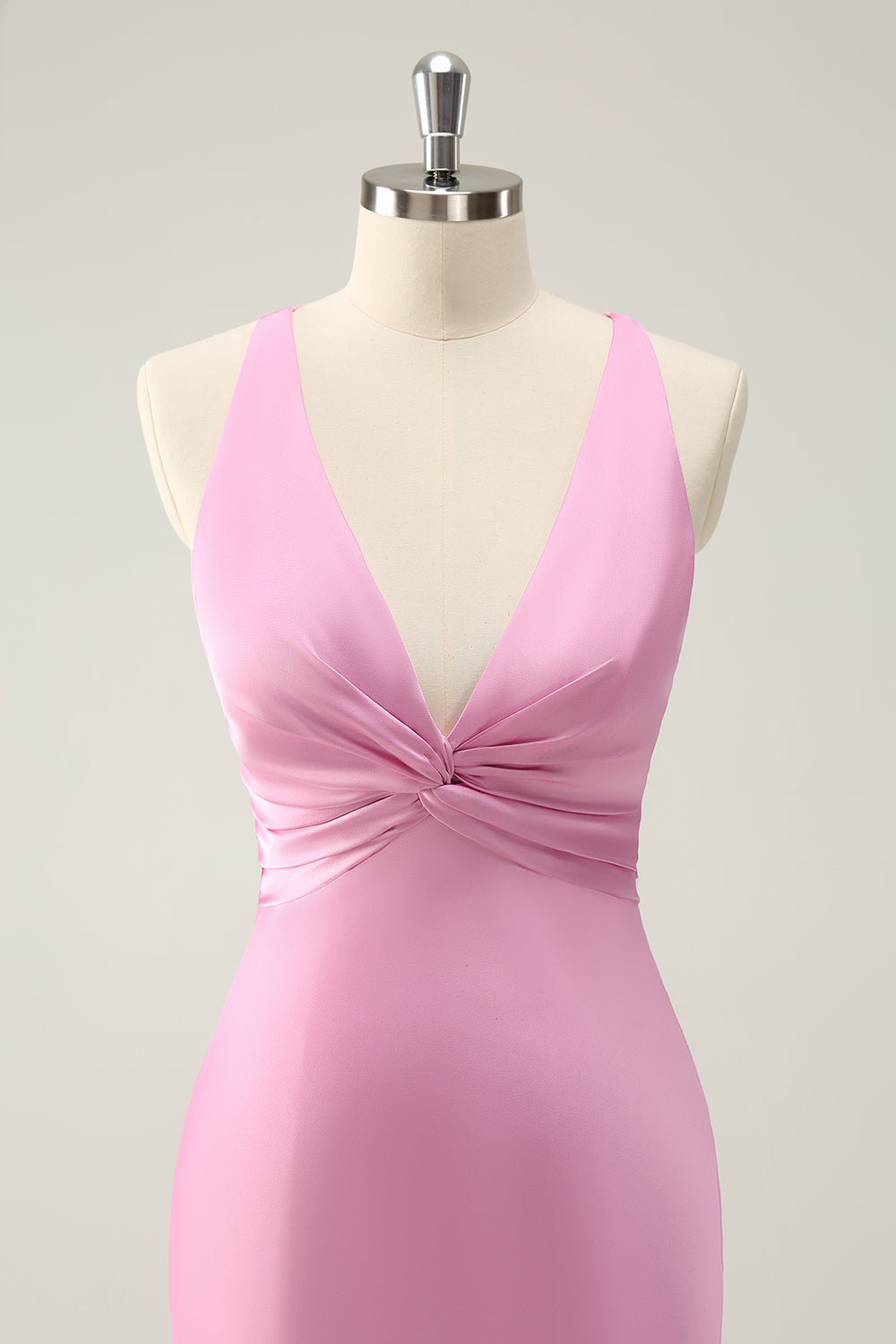 Pink Sheath V Neck Satin Long Bridesmaid Dress
