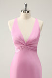 Pink Sheath V Neck Satin Long Bridesmaid Dress