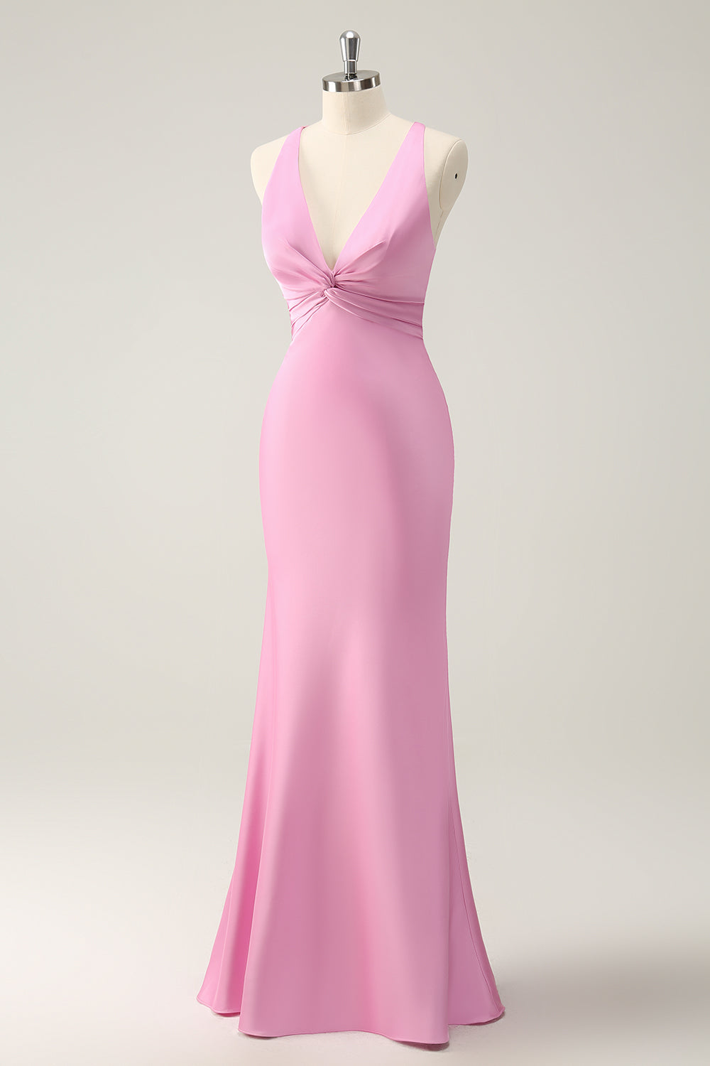 Pink Sheath V Neck Satin Long Bridesmaid Dress