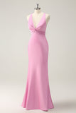 Pink Sheath V Neck Satin Long Bridesmaid Dress