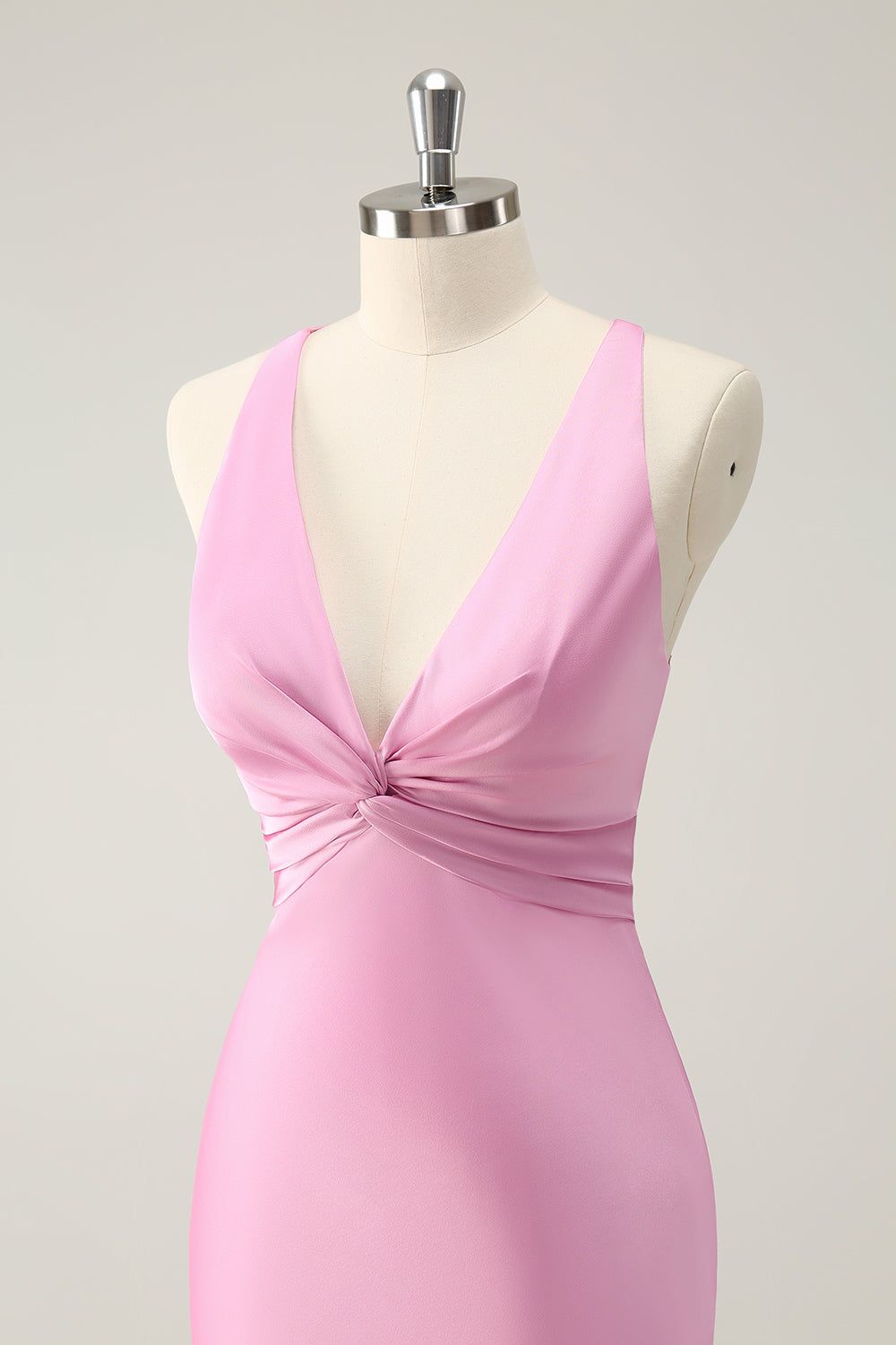 Pink Sheath V Neck Satin Long Bridesmaid Dress