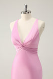 Pink Sheath V Neck Satin Long Bridesmaid Dress