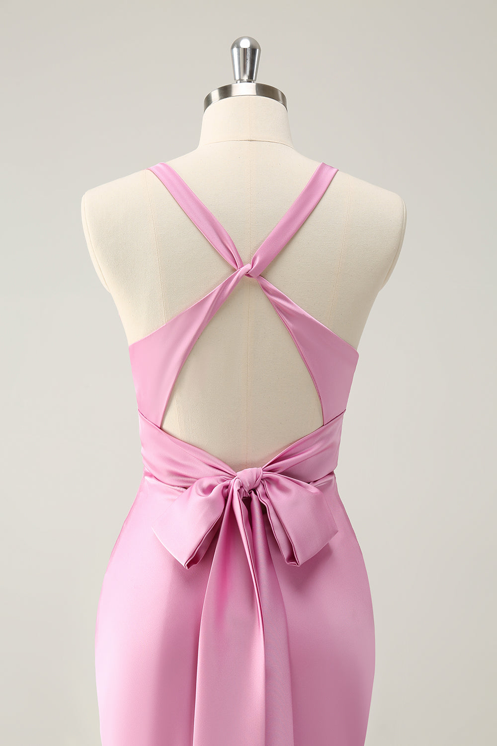 Pink Sheath V Neck Satin Long Bridesmaid Dress