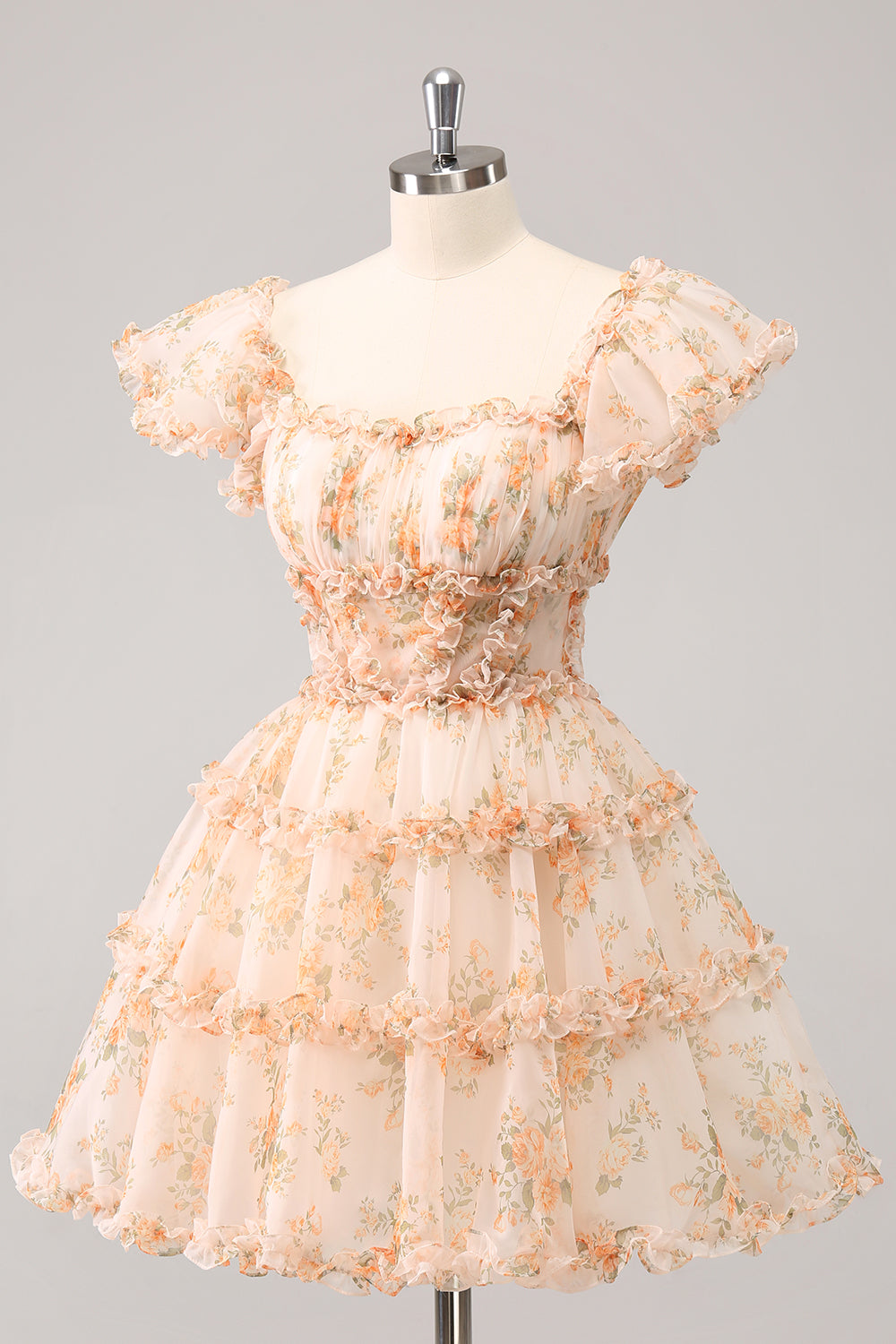 Yellow A-Line Ruffled Tulle Floral Print Homecoming Dress