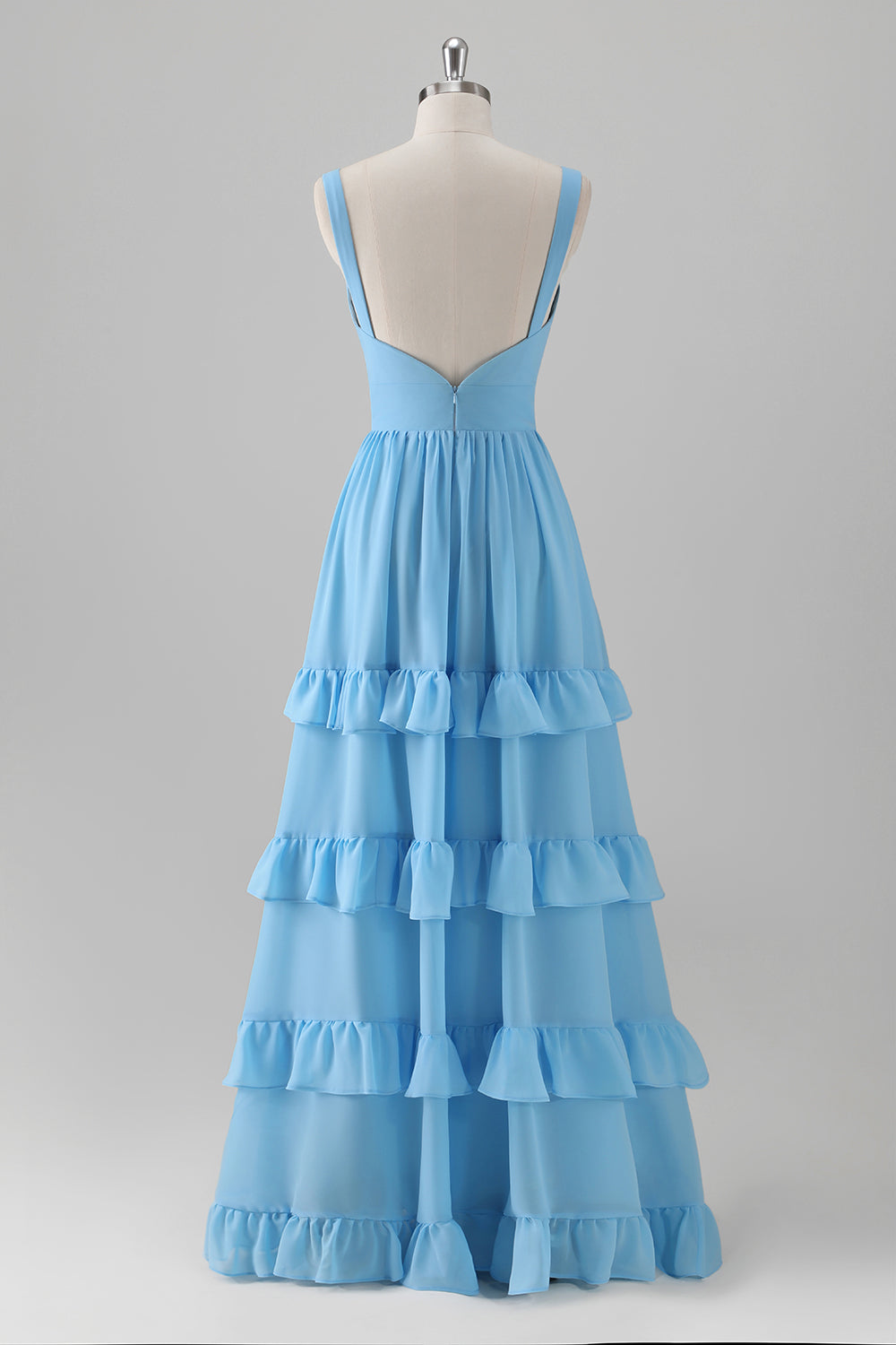 Blue A Line V Neck Tiered Chiffon Long Bridesmaid Dress