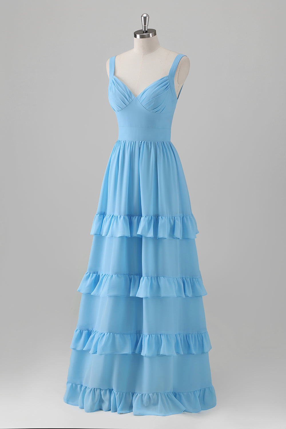 Blue A Line V Neck Tiered Chiffon Long Bridesmaid Dress