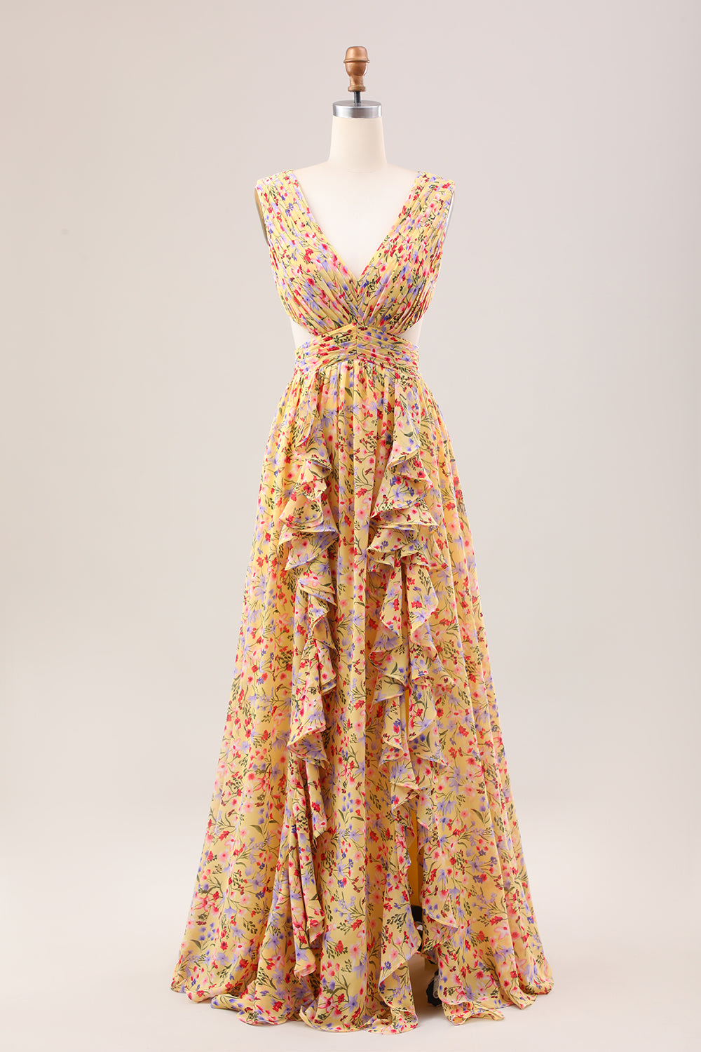 Yellow Small Flower A Line V Neck Pleated Wedding Party Guest Dress with Ruffles