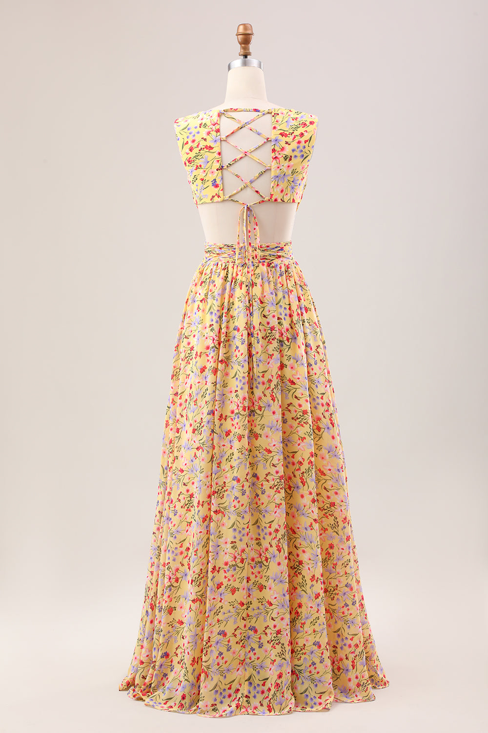 Yellow Small Flower A Line V Neck Pleated Wedding Party Guest Dress with Ruffles