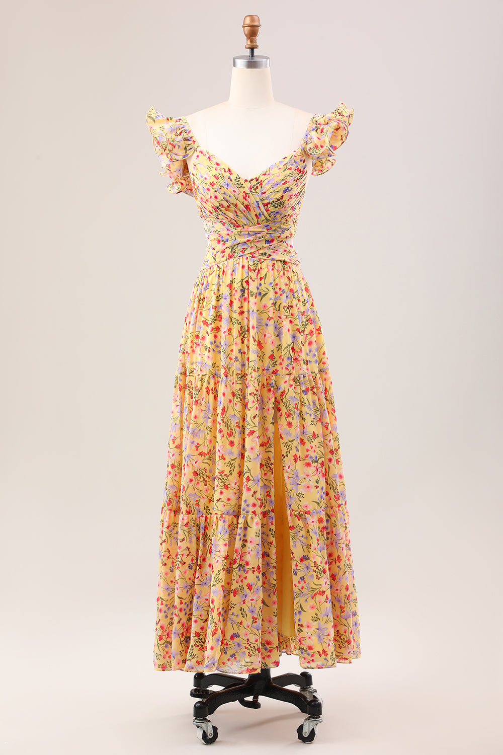 Yellow Flower A Line V Neck Print Pleated Wedding Party Guest Dress with Slit