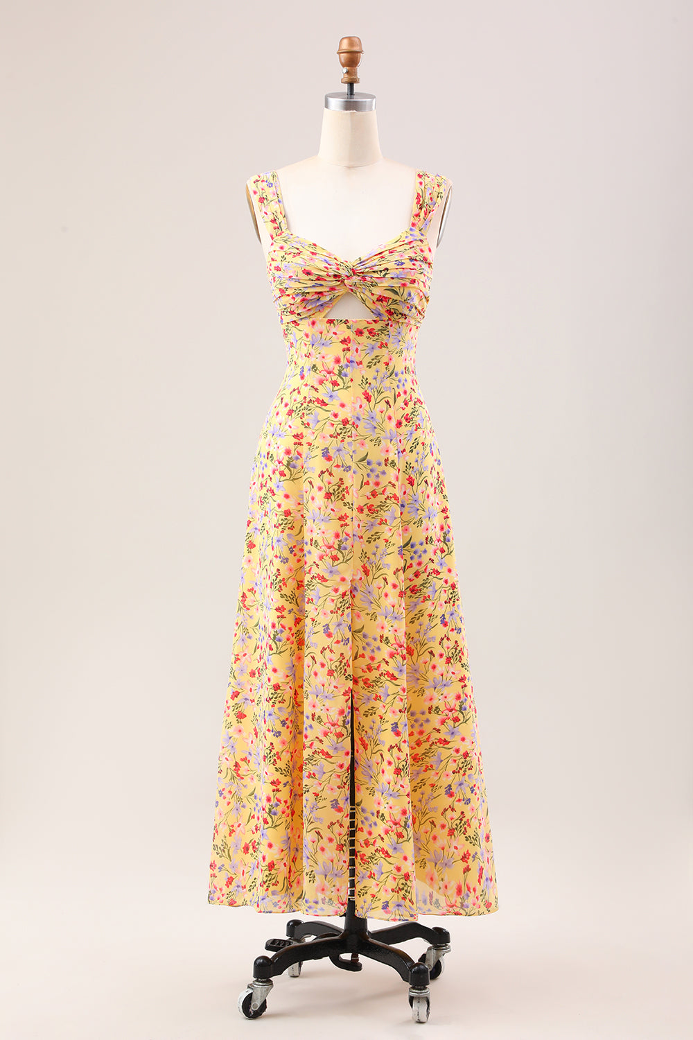 Yellow Flower A Line Print Holloe Out Corset Wedding Guest Dress with Slit