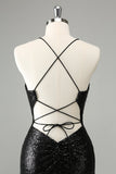 Stylish Glitter Pink Sequins Tight Halter Homecoming Dress with Lace Up Back
