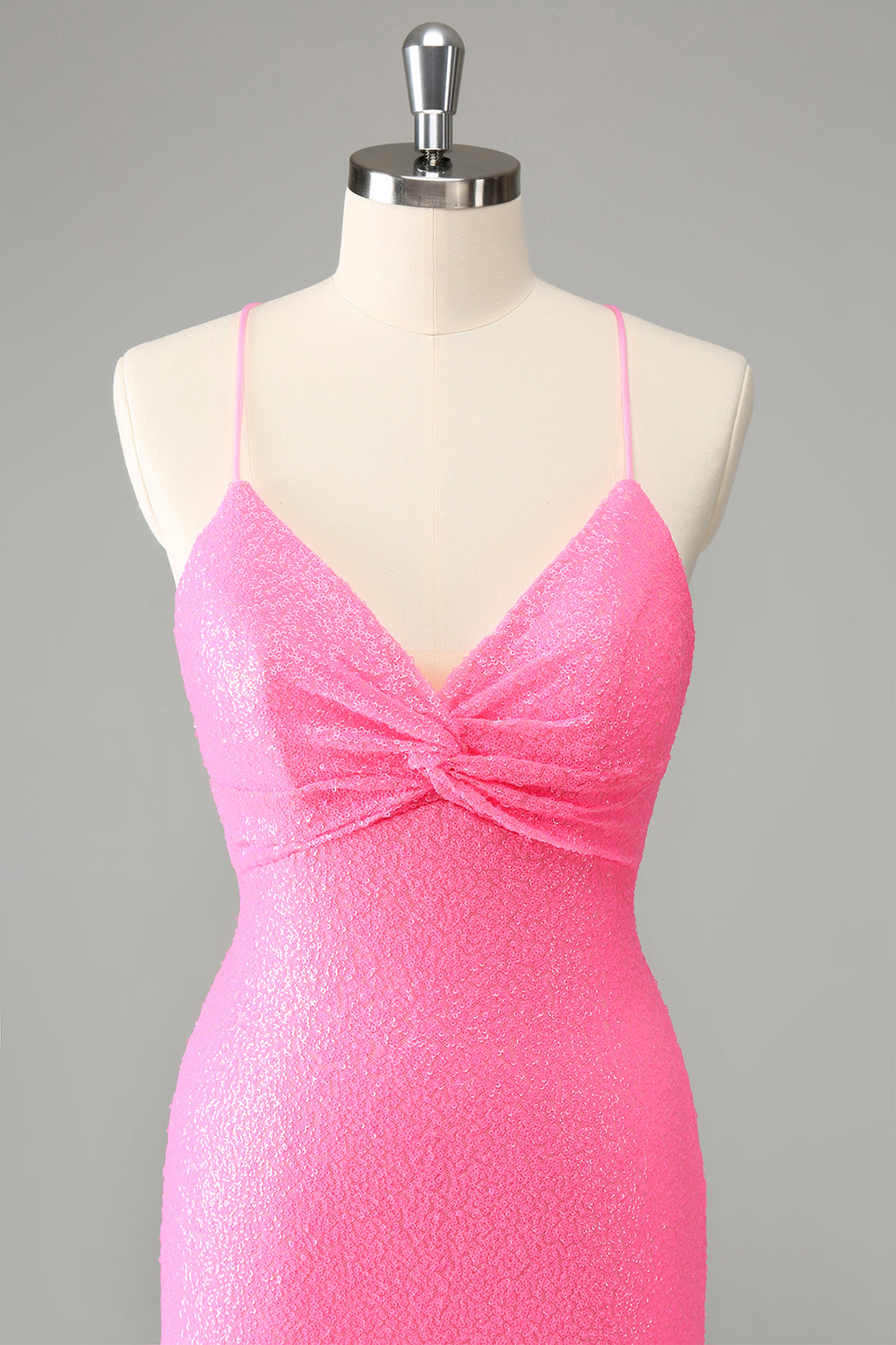 Stylish Glitter Pink Sequins Tight Halter Homecoming Dress with Lace Up Back