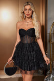 Sparkly A Line Black Sweetheart Tiered Corset Cute Homecoming Dress