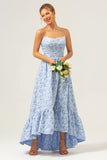 A Line Blue Floral Strapless High Low Bridesmaid Dress