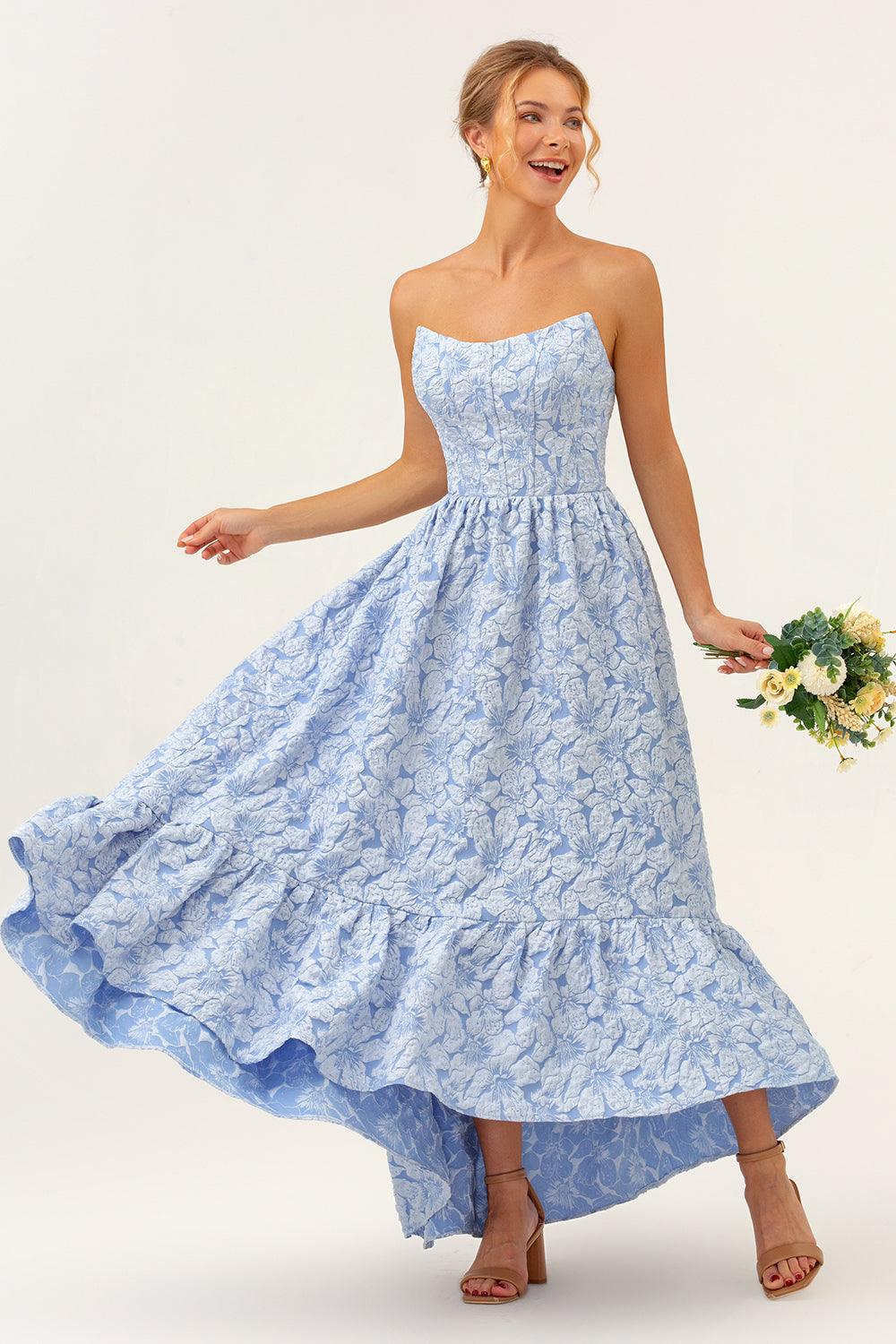 A Line Blue Floral Strapless High Low Bridesmaid Dress