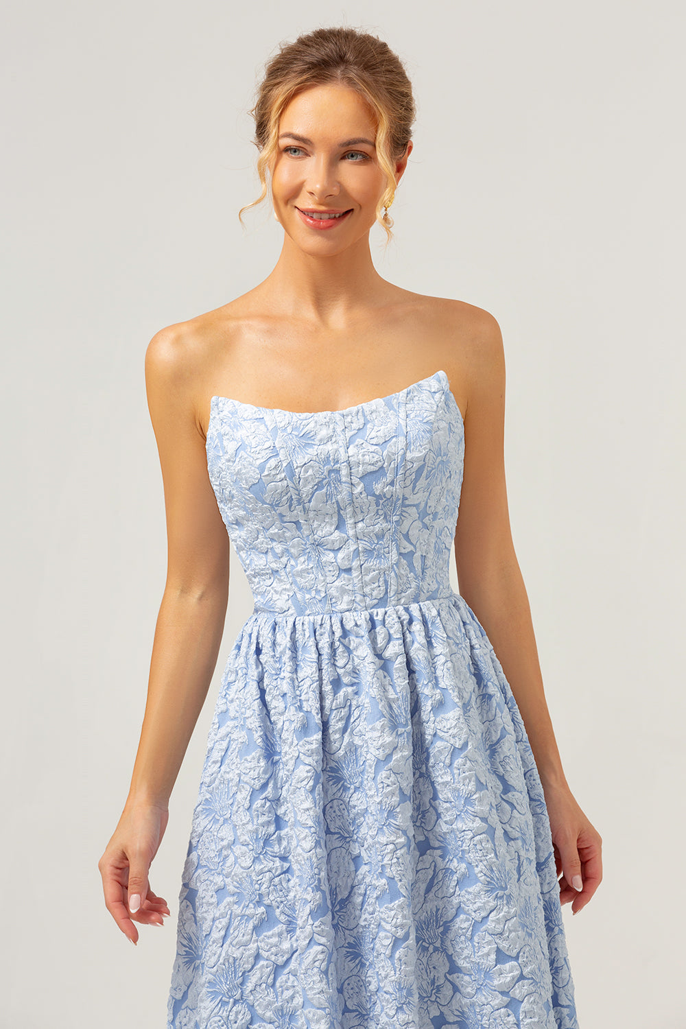 A Line Blue Floral Strapless High Low Bridesmaid Dress