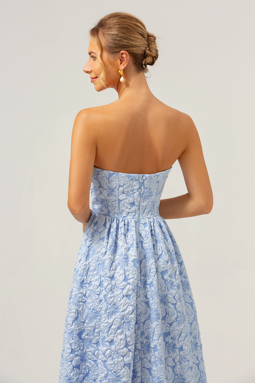 A Line Blue Floral Strapless High Low Bridesmaid Dress
