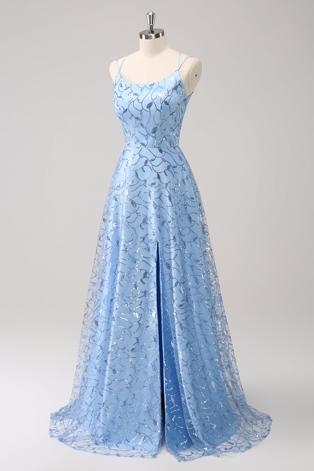 Sparkly Blue Spaghetti Straps Sequins Lace Up Back Ball Dress with Slit